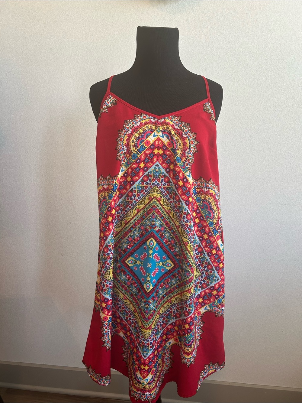 BeBop Red Boho Print Spaghetti Strap Mini Dress